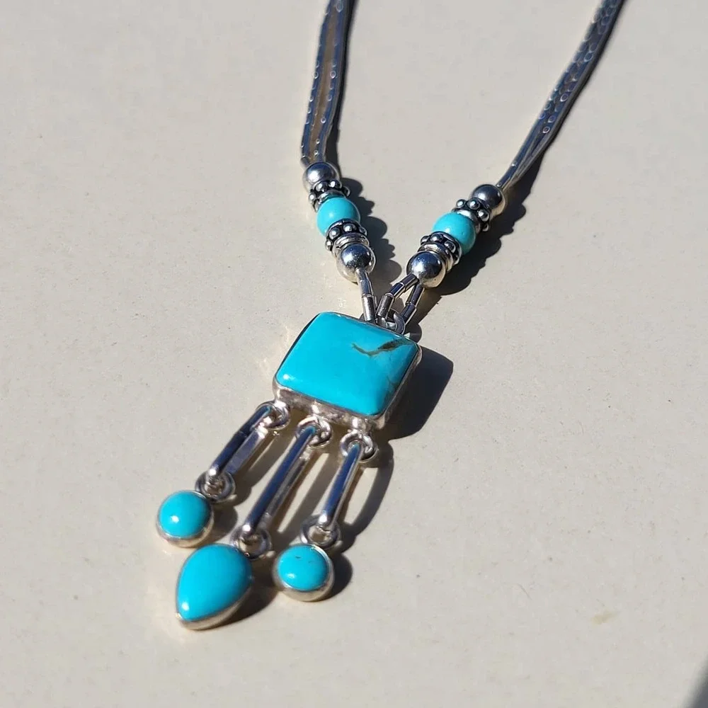 Vintage Q.T. 925 Sterling Silver Turquoise Liquid Silver Pendant Necklace